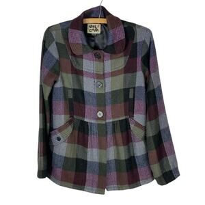 Volcom Plaid Purple Gray Peacoat Jacket Size L Peplum